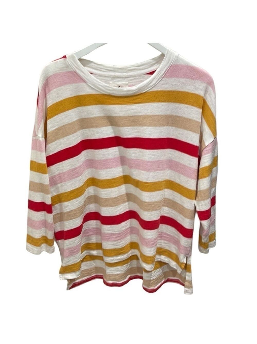 Lou & Grey Oversized  Striped Scoop Neck 3/4 Length Sleeve Tee Shirt Top SZ S